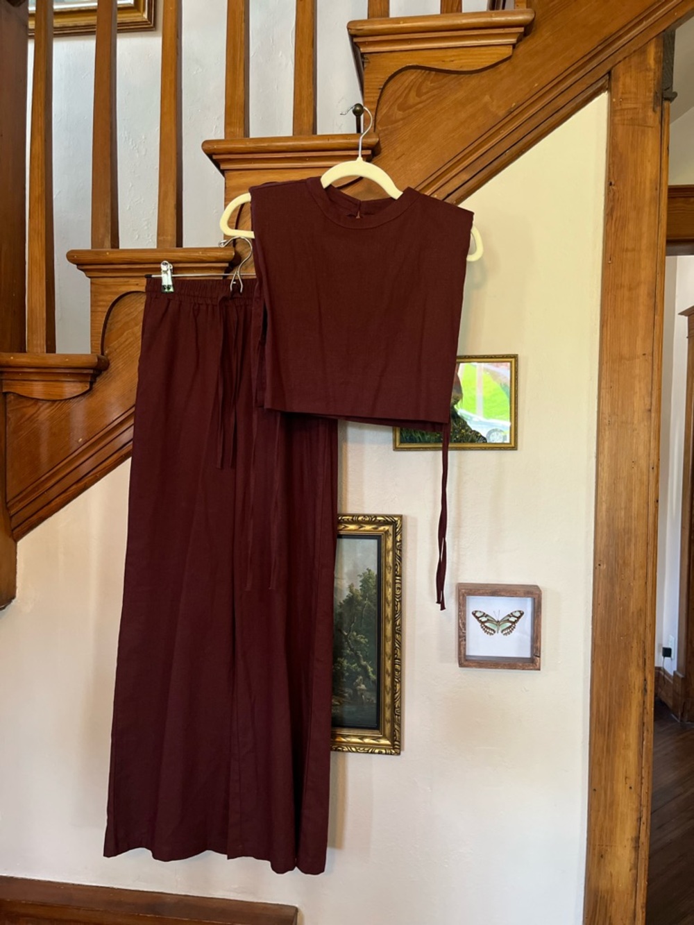 Sleeveless Linen Side-Tie Crop Top & Pants Set - Deep burgundy/brown